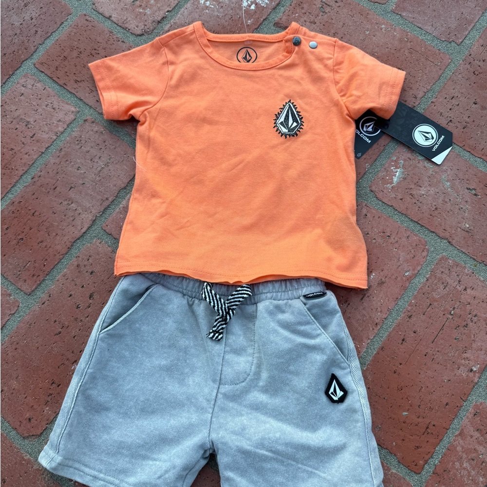NWT size 12 months Volcom Vibrant Orange Tee and Soft Gray Shorts